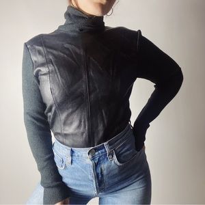 Y2K Genuine Leather & Ribbed Knit Turtleneck Mixed Media Sweater Womens Small
